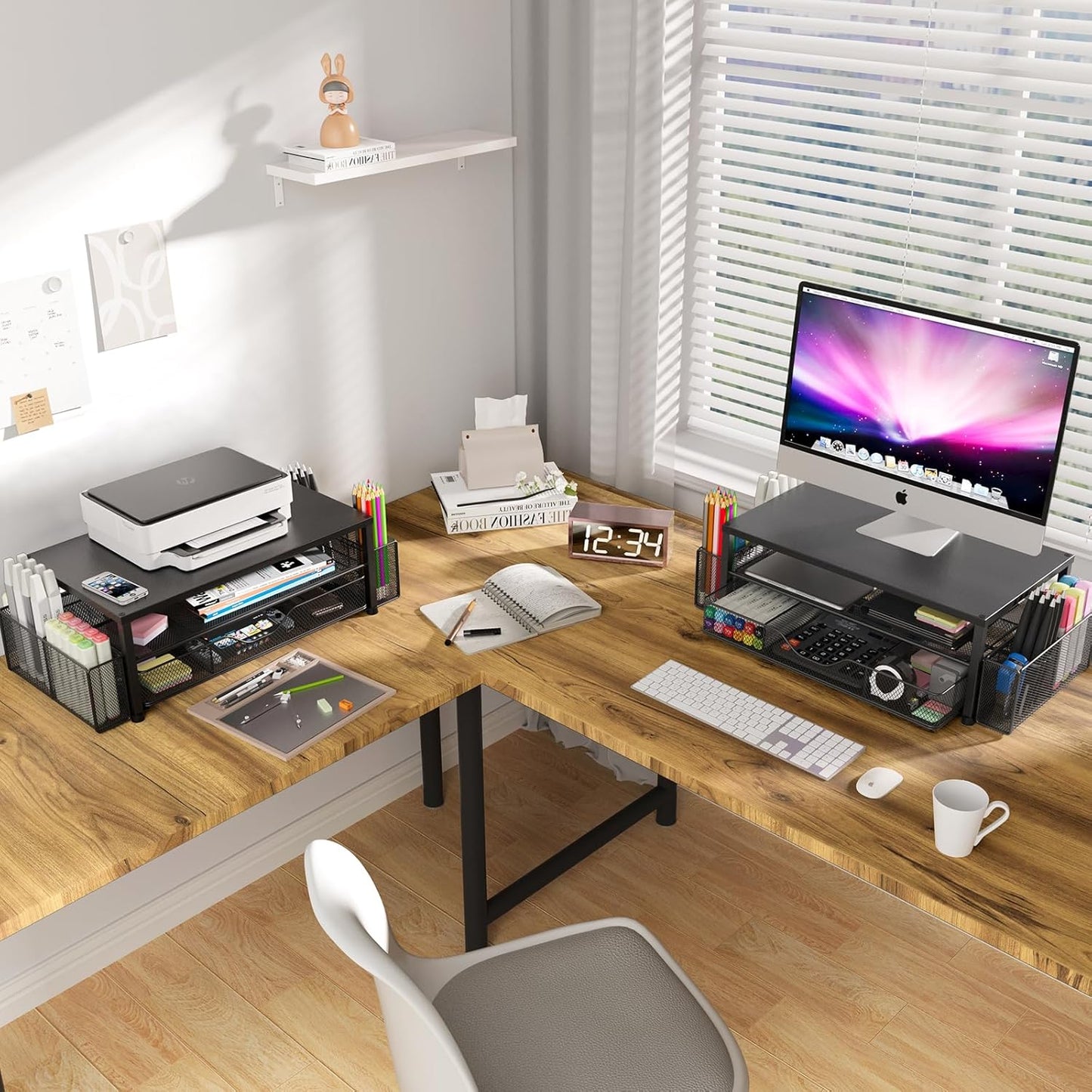 Dual-Tier Monitor Stand with Drawer & 2 Pen Holders 