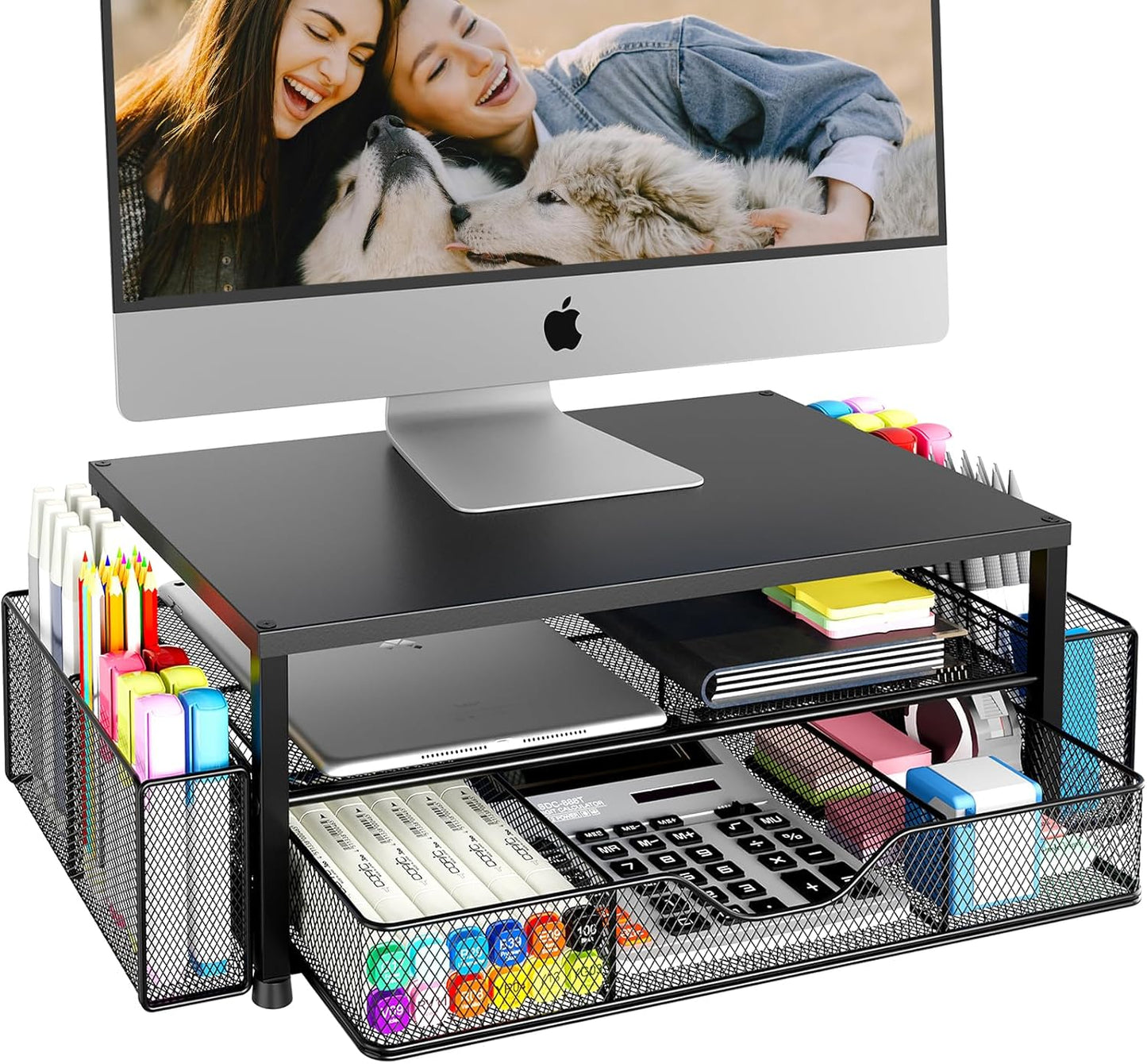 Dual-Tier Monitor Stand with Drawer & 2 Pen Holders 