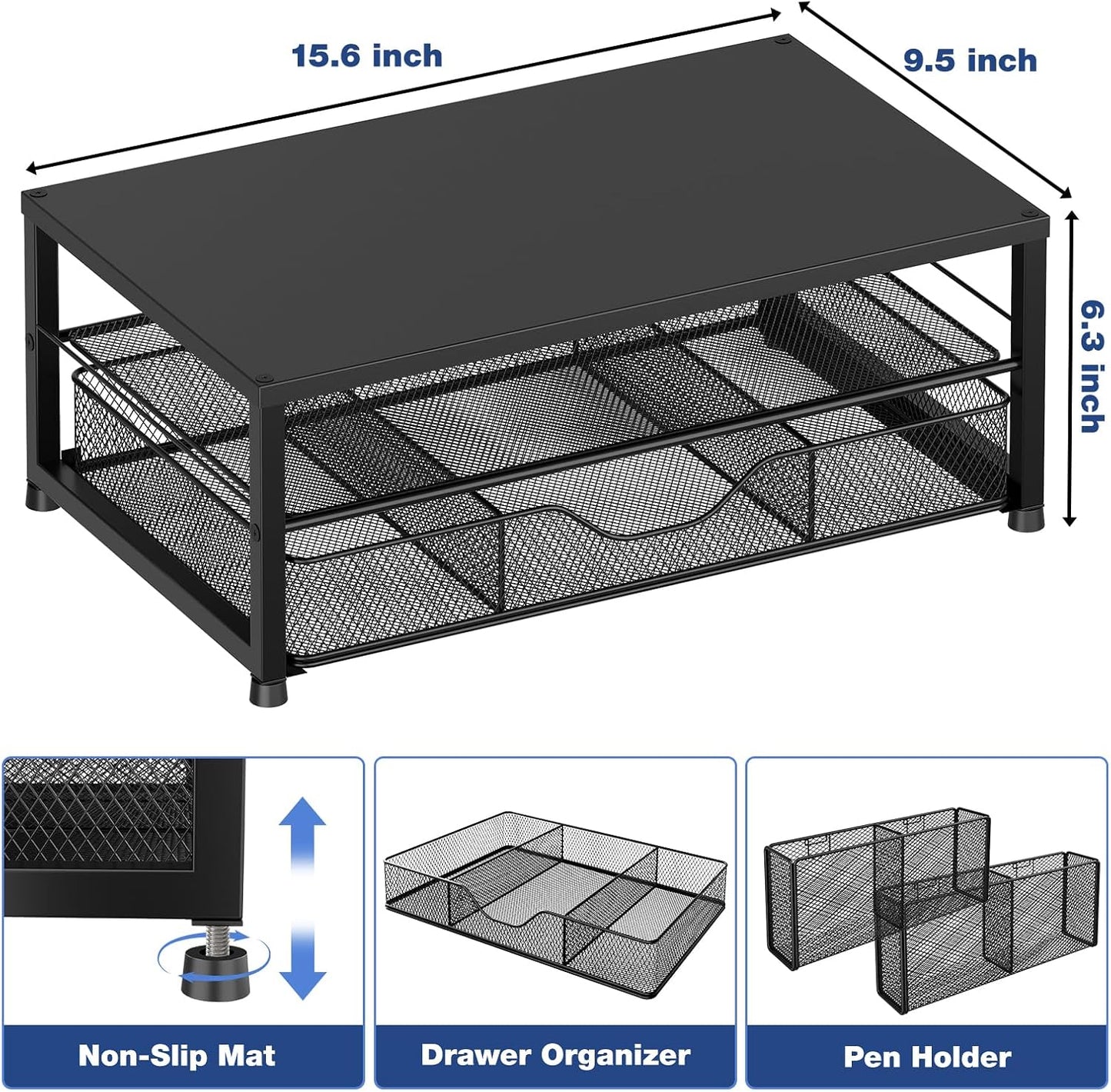 Dual-Tier Monitor Stand with Drawer & 2 Pen Holders 