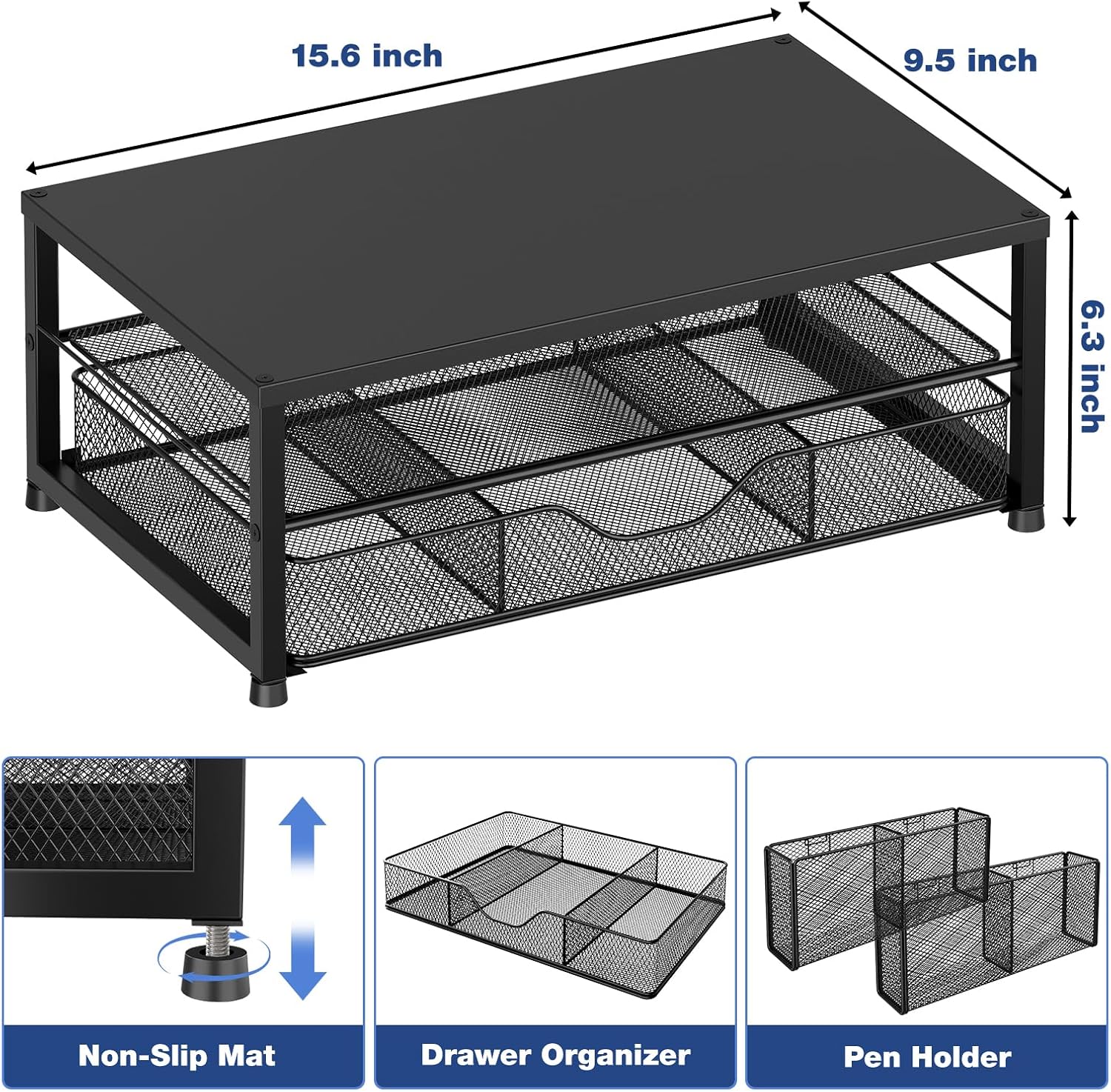 Dual-Tier Monitor Stand with Drawer & 2 Pen Holders 