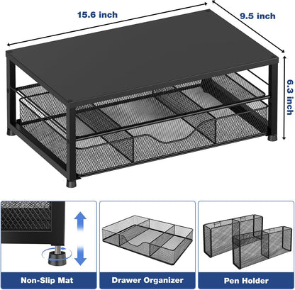 Dual-Tier Monitor Stand with Drawer & 2 Pen Holders 