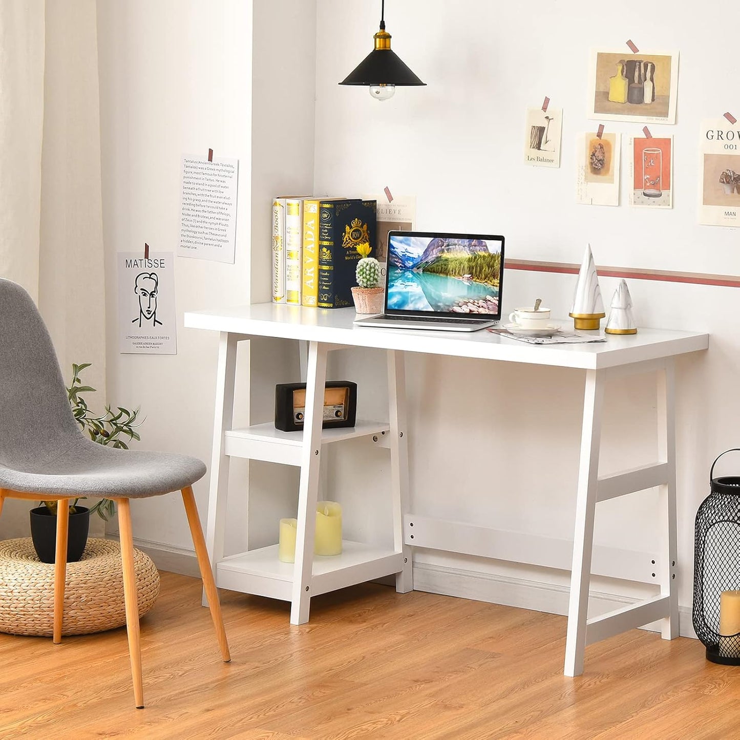 White Desk with Shelves, Modern Trestle Desk Home Office Desk with Storage Shelf, Space Saving Study Writing Desk, Desk for Bedroom