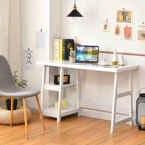 White Desk with Shelves, Modern Trestle Desk Home Office Desk with Storage Shelf, Space Saving Study Writing Desk, Desk for Bedroom