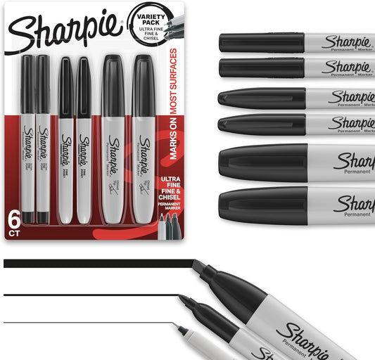 Permanent Markers Variety Pack, Featuring Ultra-Fine, Chisel Tip, and Fine Tip Marker Set, Writing and Poster Markers, Black, 6 Count