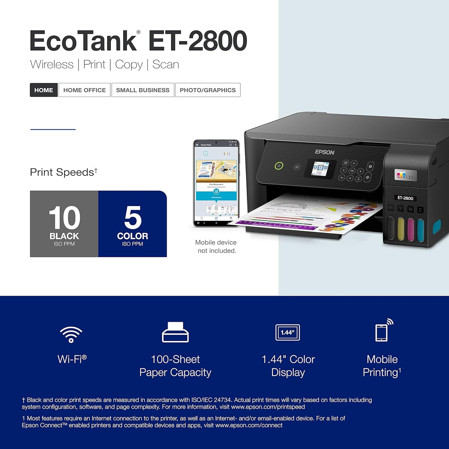 Ecotank ET-2800 Wireless Color All-In-One Cartridge-Free Supertank Printer with Scan and Copy Â€“ the Ideal Basic Home Printer - Black, Medium