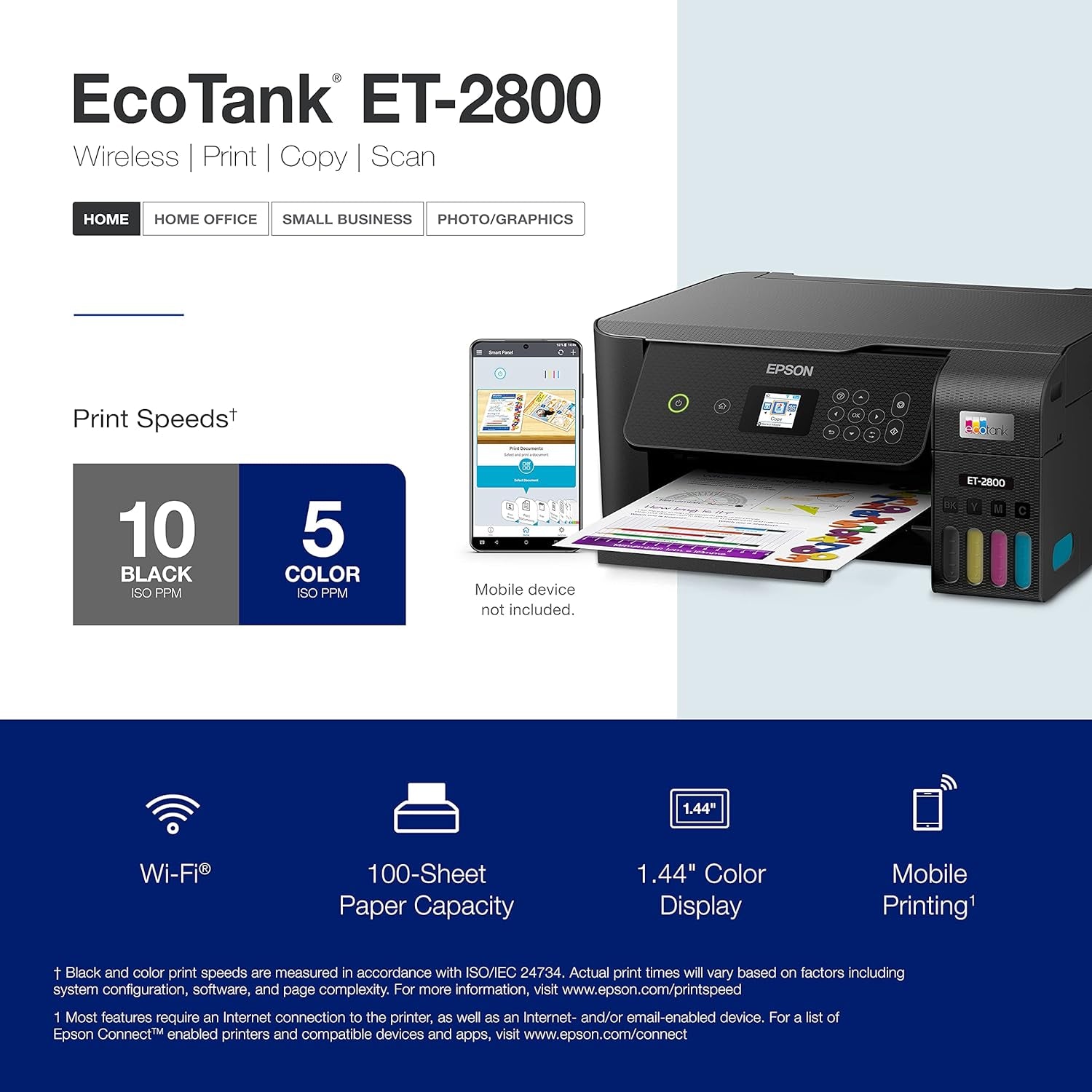 Ecotank ET-2800 Wireless Color All-In-One Cartridge-Free Supertank Printer with Scan and Copy Â€“ the Ideal Basic Home Printer - Black, Medium