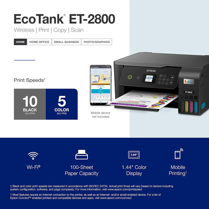 Ecotank ET-2800 Wireless Color All-In-One Cartridge-Free Supertank Printer with Scan and Copy Â€“ the Ideal Basic Home Printer - Black, Medium