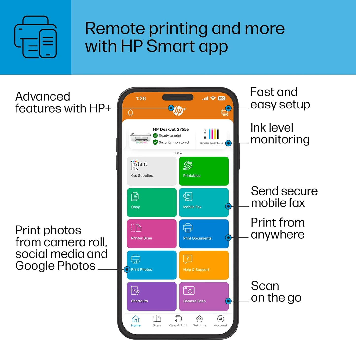 Deskjet 2755E Wireless Color Inkjet-Printer, Print, Scan, Copy, Easy Setup, Mobile Printing, Best-For Home, 6 Months of Instant Ink Included, White (Packaging May Vary) 6 Months of Ink with +