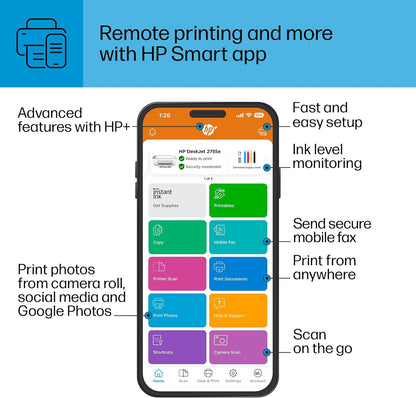 Deskjet 2755E Wireless Color Inkjet-Printer, Print, Scan, Copy, Easy Setup, Mobile Printing, Best-For Home, 6 Months of Instant Ink Included, White (Packaging May Vary) 6 Months of Ink with +