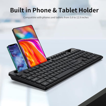 Wireless Keyboard and Mouse Combo,  2.4G Ergonomic Wireless Computer Keyboard with Phone Tablet Holder, Silent Mouse with 6 Button, Compatible with Macbook, Windows (Black)