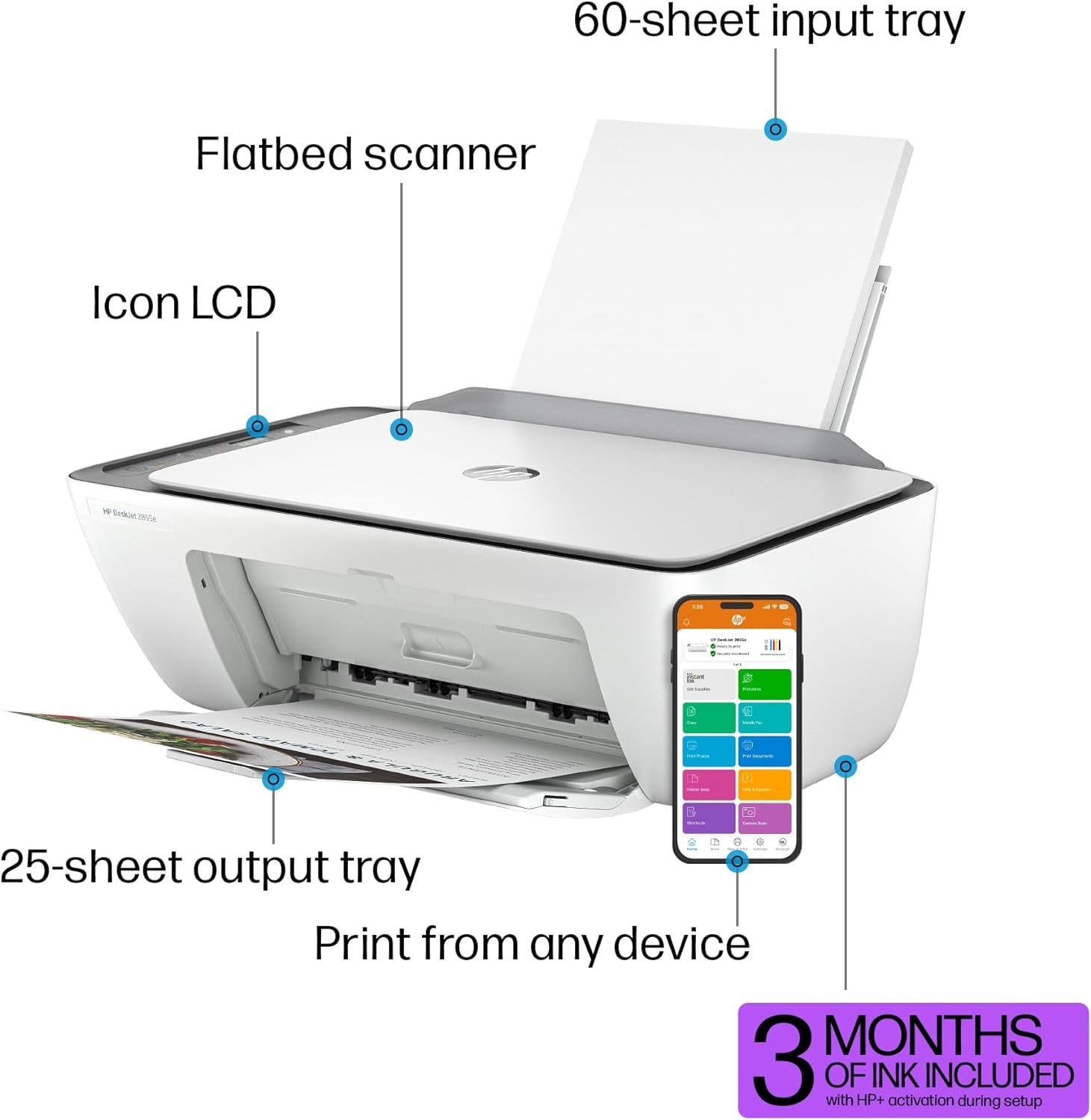 Deskjet 2855E Wireless All-In-One Color Inkjet Printer, Scanner, Copier, Best-For-Home, 3 Months of Instant Ink Included (588S5A)