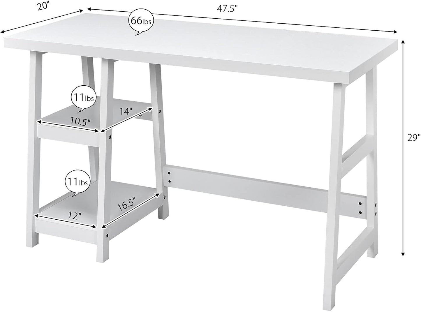 White Desk with Shelves, Modern Trestle Desk Home Office Desk with Storage Shelf, Space Saving Study Writing Desk, Desk for Bedroom