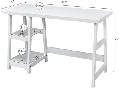 White Desk with Shelves, Modern Trestle Desk Home Office Desk with Storage Shelf, Space Saving Study Writing Desk, Desk for Bedroom
