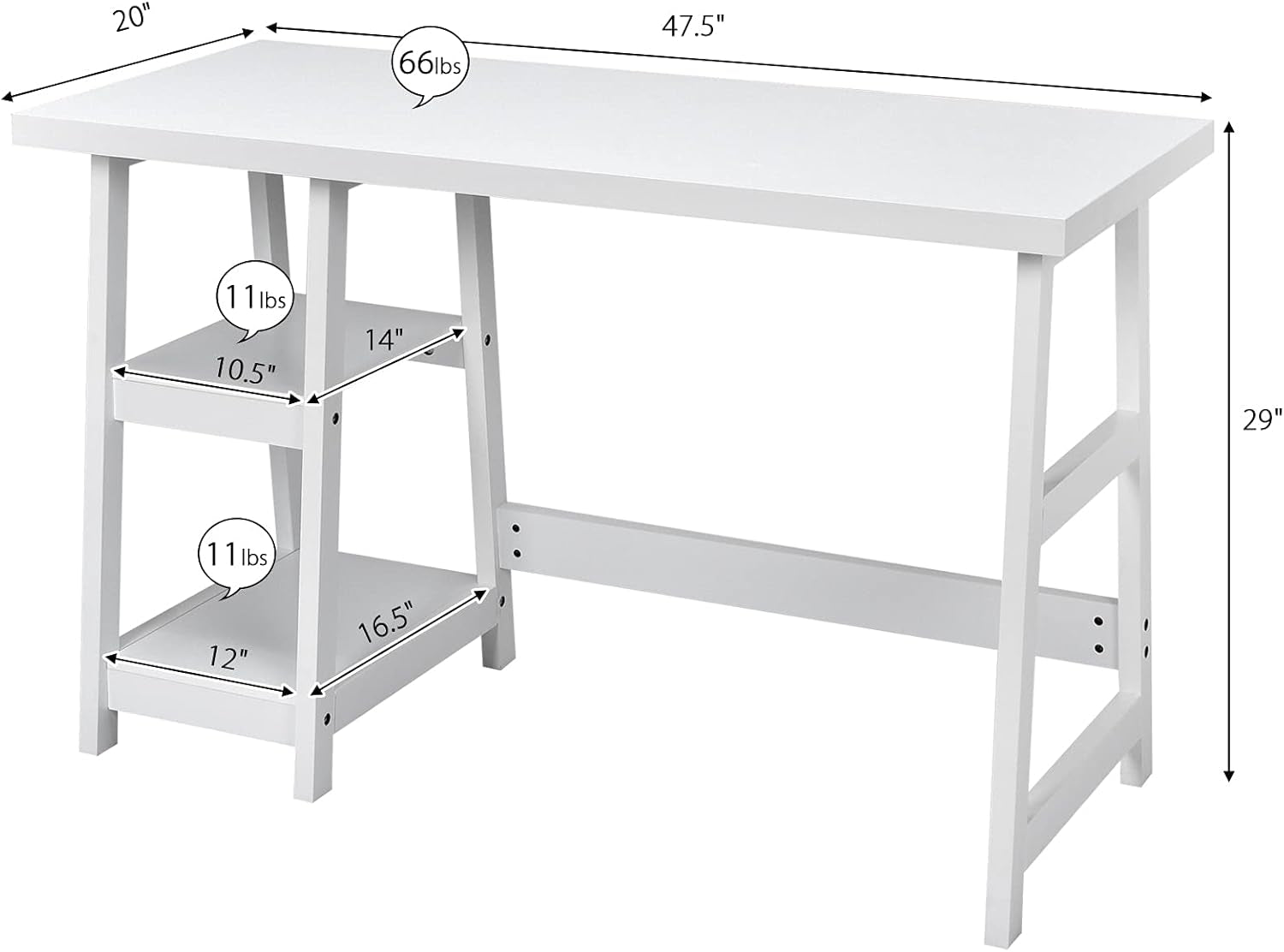 White Desk with Shelves, Modern Trestle Desk Home Office Desk with Storage Shelf, Space Saving Study Writing Desk, Desk for Bedroom