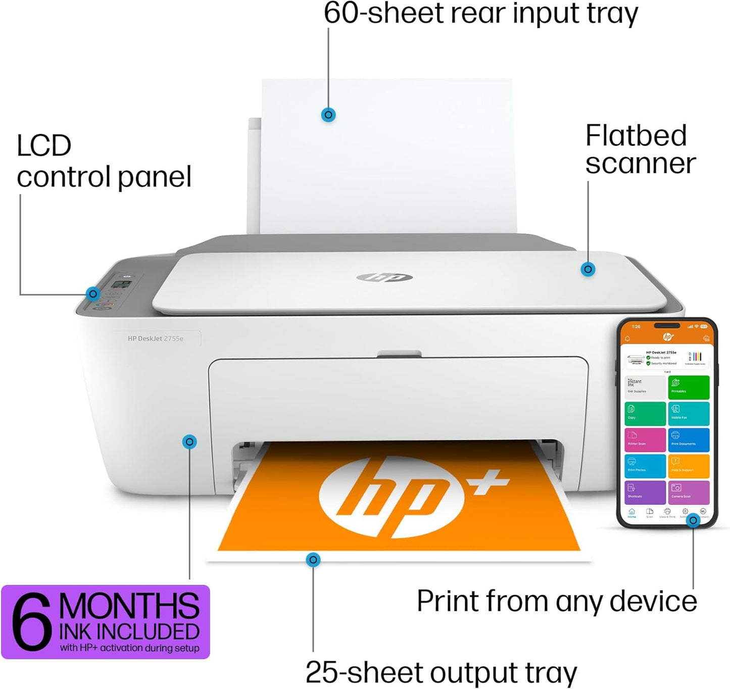 Deskjet 2755E Wireless Color Inkjet-Printer, Print, Scan, Copy, Easy Setup, Mobile Printing, Best-For Home, 6 Months of Instant Ink Included, White (Packaging May Vary) 6 Months of Ink with +