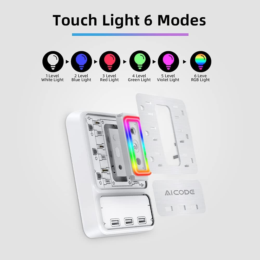 Multi Plug Outlet Extender, 6 Outlet Surge Protector with 3 USB Charger(3.2A Total),Plug Electrical Outlet with 6 Ambient RGB Light, Plug Extender for Home,Office,Dorm,Hotel