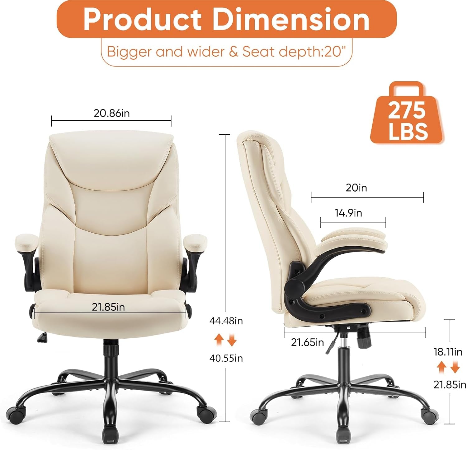 Computer Gaming Chair, Ergonomic High Back Heavy Duty Task Desk Office Chairs with Wheels, Flip-Up Arms, Adjustable Height, PU Leather, Cream