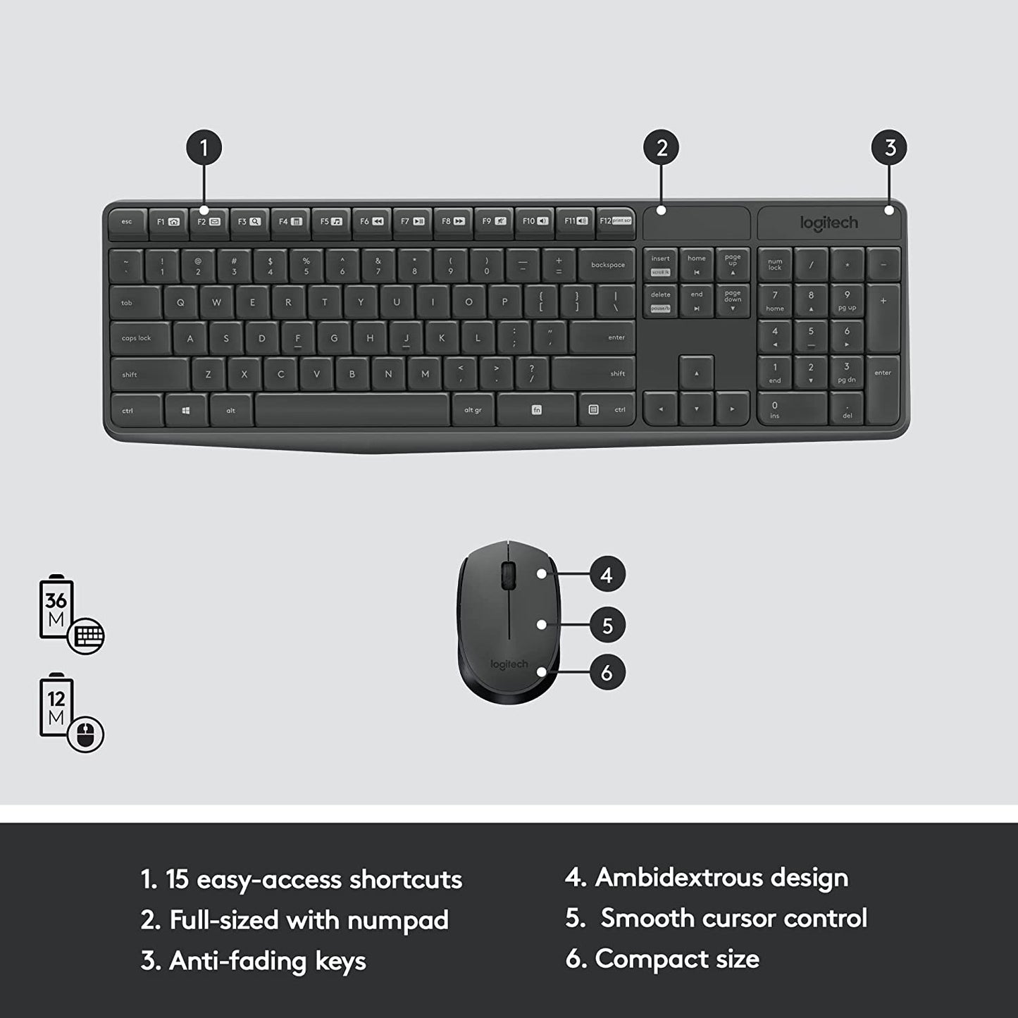 MK235 Wireless Keyboard and Mouse Combo for Windows, USB Receiver, 15 FN Keys, Long Battery Life, Compatible with PC, Laptop
