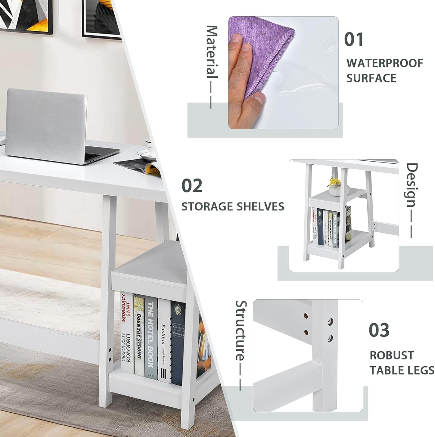 White Desk with Shelves, Modern Trestle Desk Home Office Desk with Storage Shelf, Space Saving Study Writing Desk, Desk for Bedroom