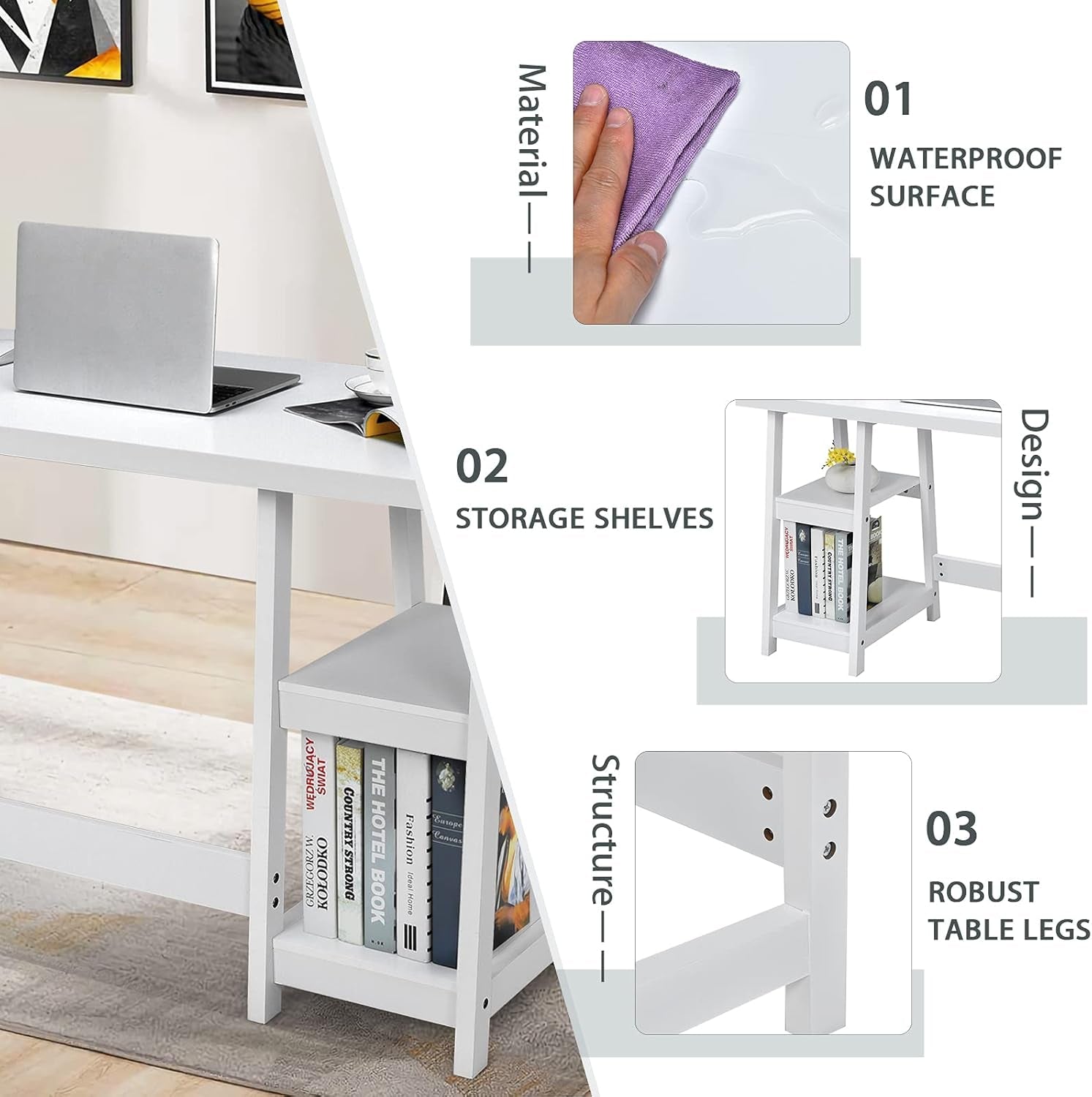 White Desk with Shelves, Modern Trestle Desk Home Office Desk with Storage Shelf, Space Saving Study Writing Desk, Desk for Bedroom