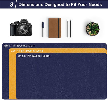 Dual Sided Desk Pad, Large Desk Mat, Waterproof Desk Blotter Protector Mouse Pad, Leather Desk Pad Large for Keyboard and Mouse (36" X 17", Dark Blue/Yellow)