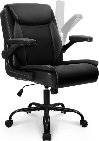 Office Chair Adjustable Desk Chair Mid Back Executive Comfortable PU Leather Ergonomic Gaming Back Support Home Computer with Flip-Up Armrest Swivel Wheels (Jet Black)