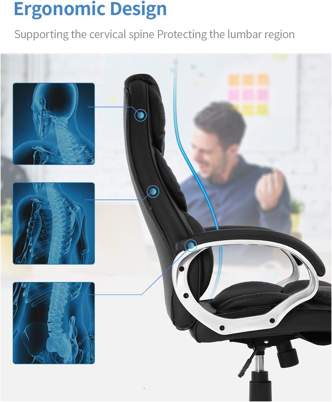 Office Chair Computer High Back Adjustable Ergonomic Desk Chair Executive PU Leather Swivel Task Chair with Armrests Lumbar Support (Black)