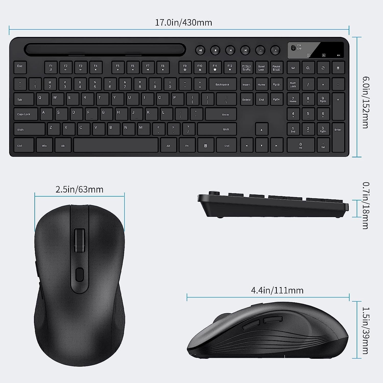 Wireless Keyboard and Mouse Combo,  2.4G Ergonomic Wireless Computer Keyboard with Phone Tablet Holder, Silent Mouse with 6 Button, Compatible with Macbook, Windows (Black)