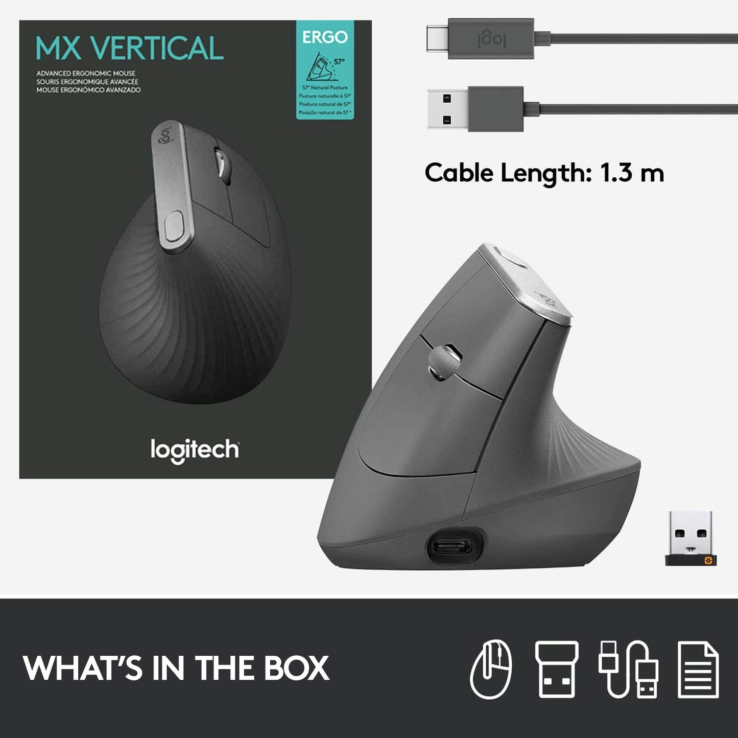 MX Vertical Wireless Mouse – Ergonomic Design Reduces Muscle Strain, Move Content between 3 Windows and Apple Computers, Rechargeable, Graphite