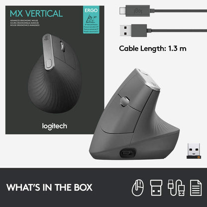 MX Vertical Wireless Mouse – Ergonomic Design Reduces Muscle Strain, Move Content between 3 Windows and Apple Computers, Rechargeable, Graphite