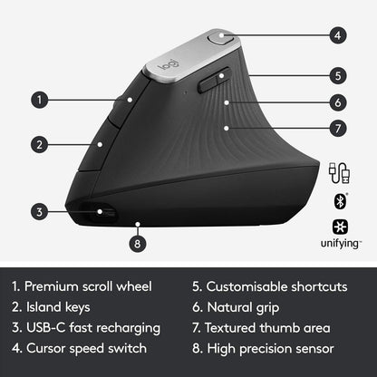 MX Vertical Wireless Mouse – Ergonomic Design Reduces Muscle Strain, Move Content between 3 Windows and Apple Computers, Rechargeable, Graphite
