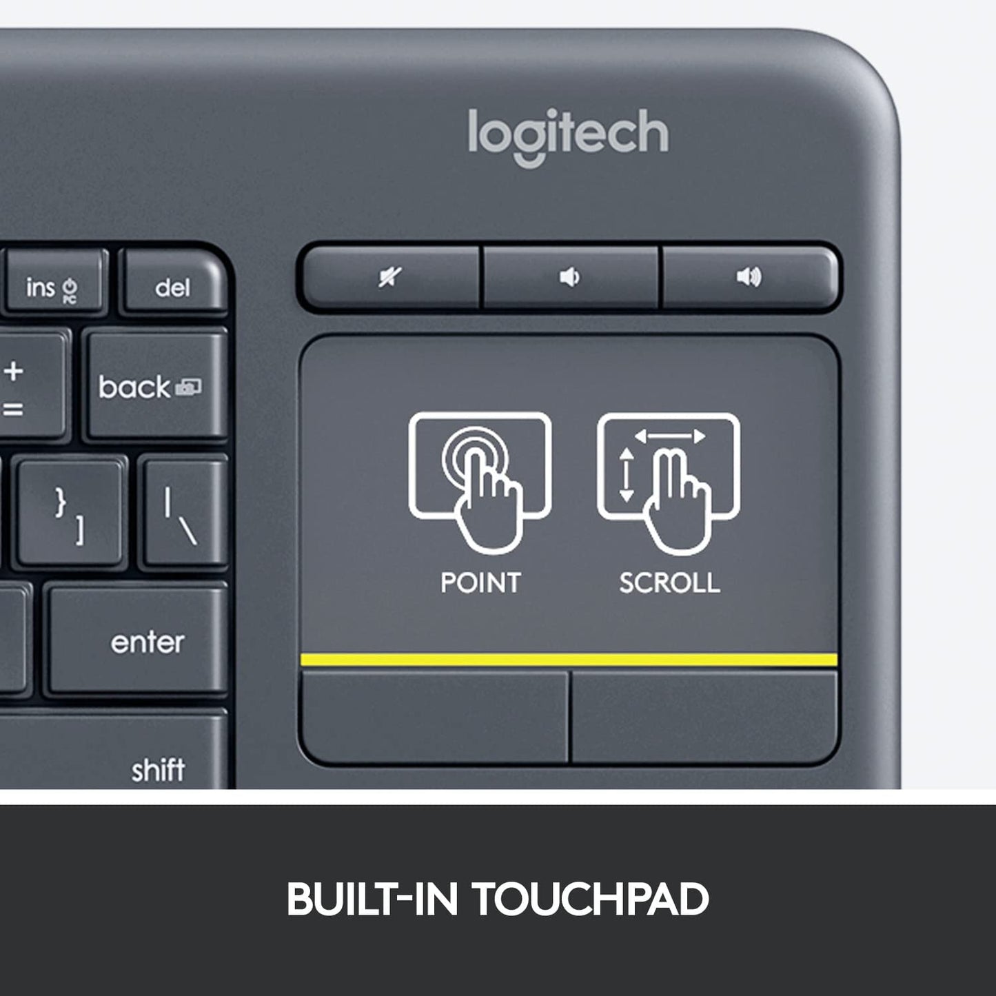 K400 plus Wireless Touch with Easy Media Control and Built-In Touchpad, HTPC Keyboard for Pc-Connected TV, Windows, Android, Chrome OS, Laptop, Tablet - Black