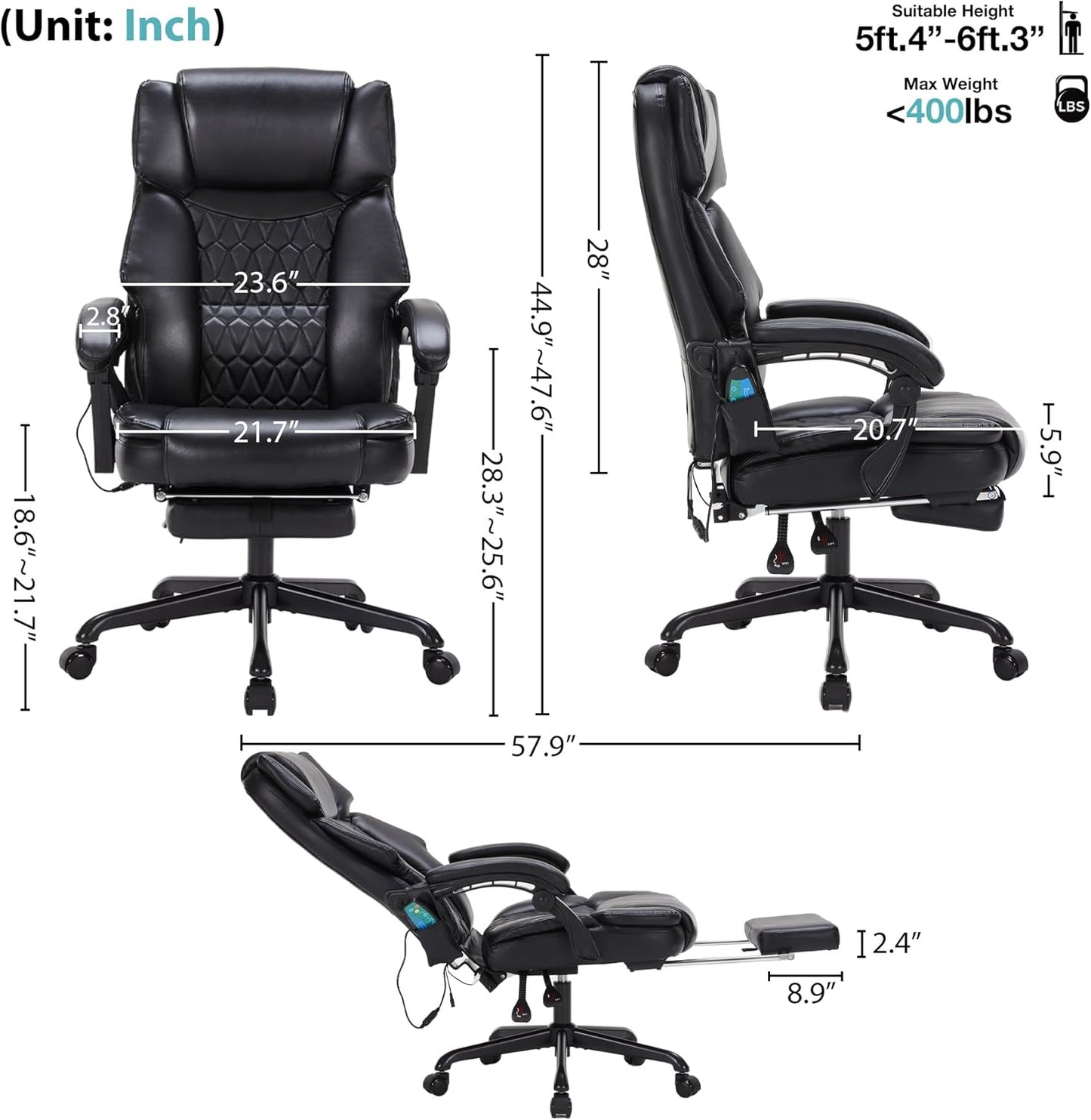 Massage Office Chair with Foot Rest 6 Points Vibration and Heat Home Office Desk Chairs for Heavy People 400Lbs Reclining Managerial Chairs Ergonomic Executive Chair (Black)