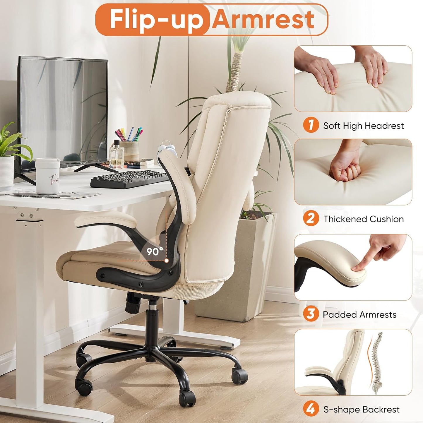 Computer Gaming Chair, Ergonomic High Back Heavy Duty Task Desk Office Chairs with Wheels, Flip-Up Arms, Adjustable Height, PU Leather, Cream