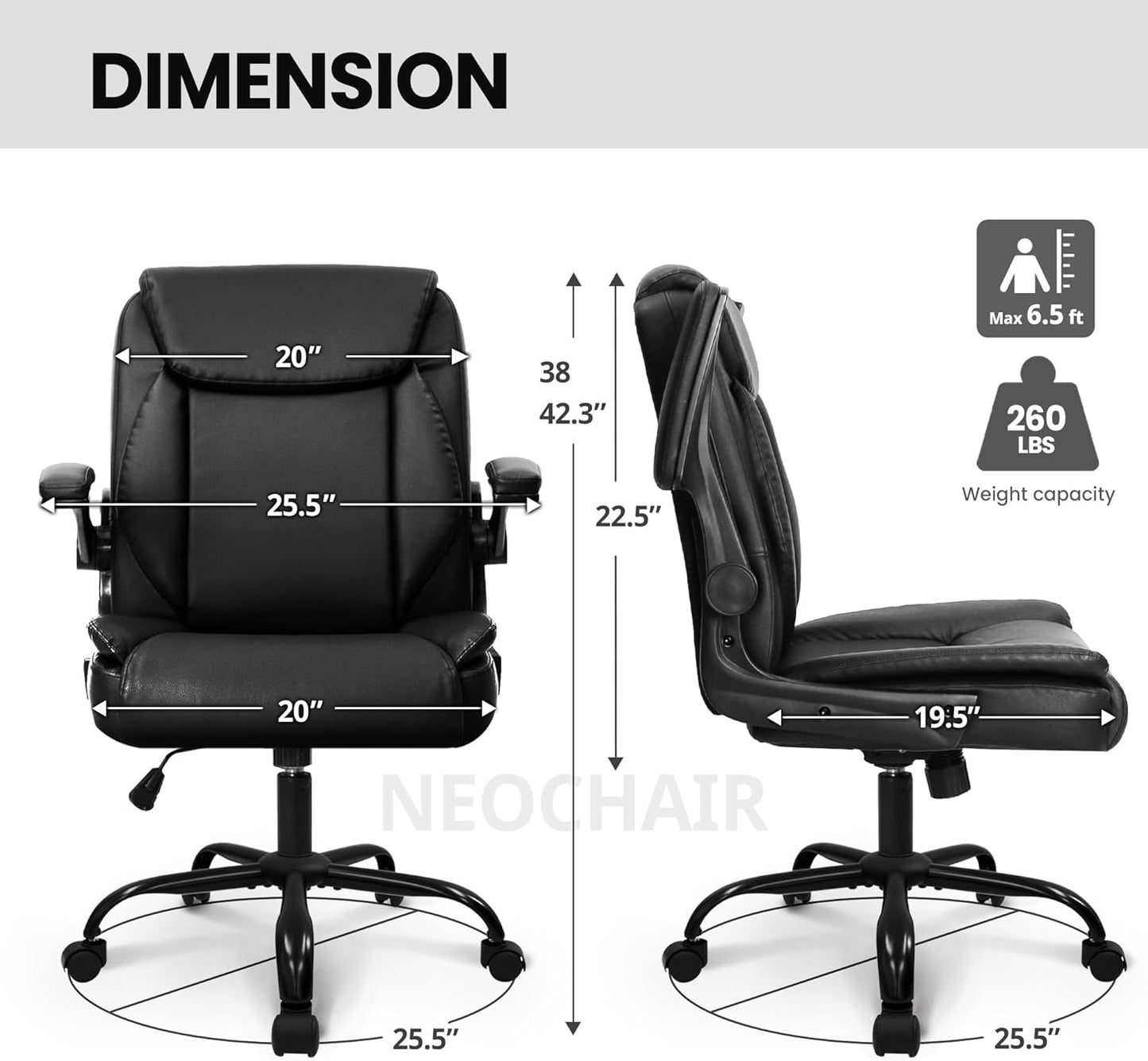 Office Chair Adjustable Desk Chair Mid Back Executive Comfortable PU Leather Ergonomic Gaming Back Support Home Computer with Flip-Up Armrest Swivel Wheels (Jet Black)