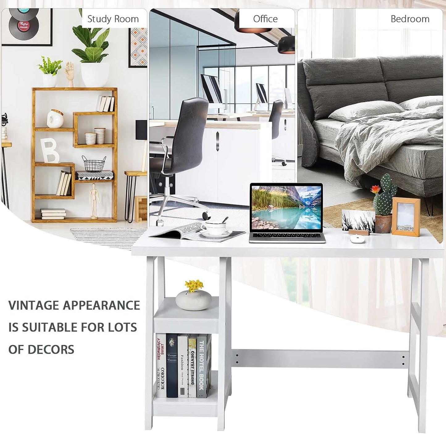 White Desk with Shelves, Modern Trestle Desk Home Office Desk with Storage Shelf, Space Saving Study Writing Desk, Desk for Bedroom