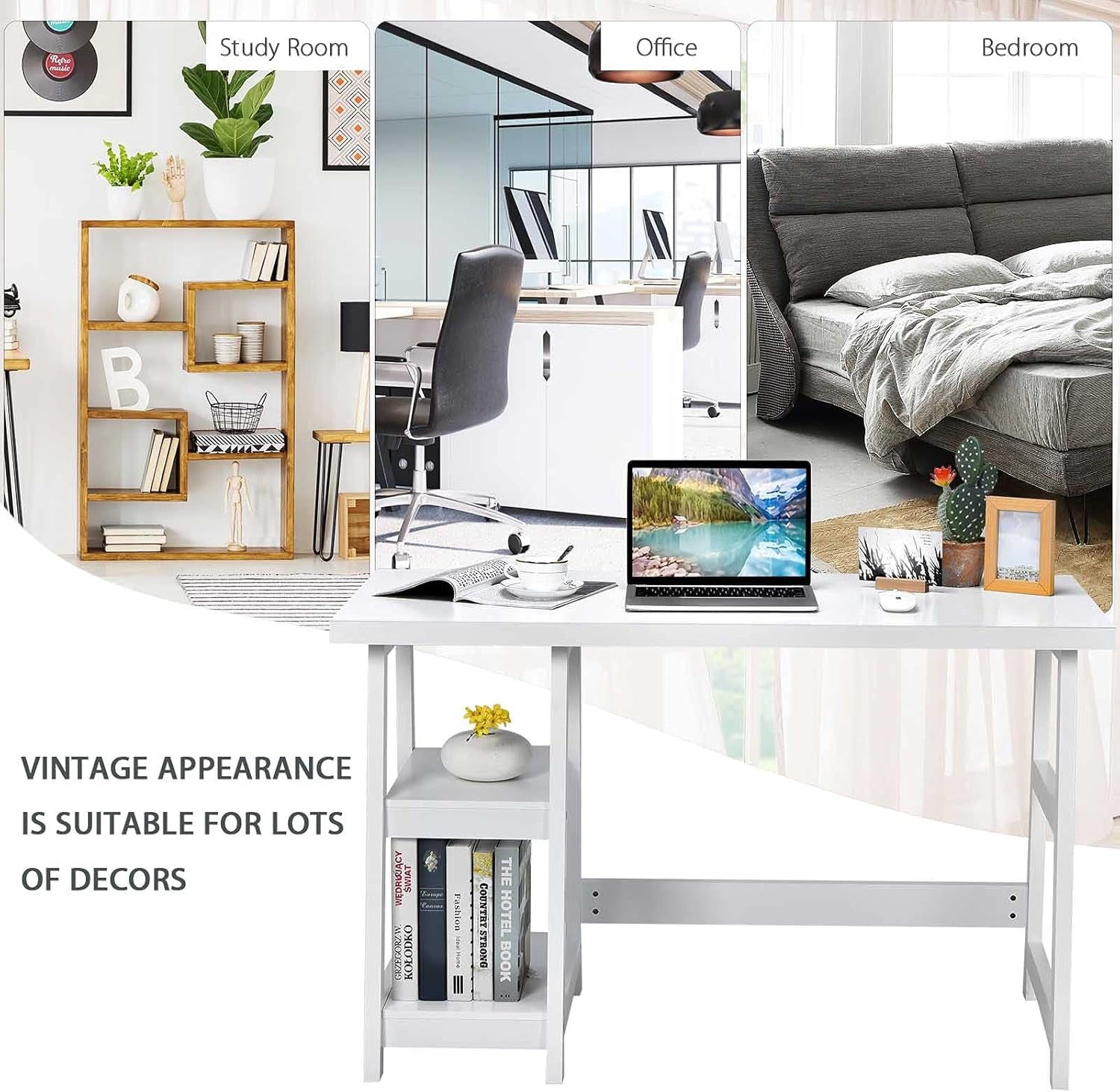 White Desk with Shelves, Modern Trestle Desk Home Office Desk with Storage Shelf, Space Saving Study Writing Desk, Desk for Bedroom