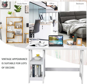 White Desk with Shelves, Modern Trestle Desk Home Office Desk with Storage Shelf, Space Saving Study Writing Desk, Desk for Bedroom