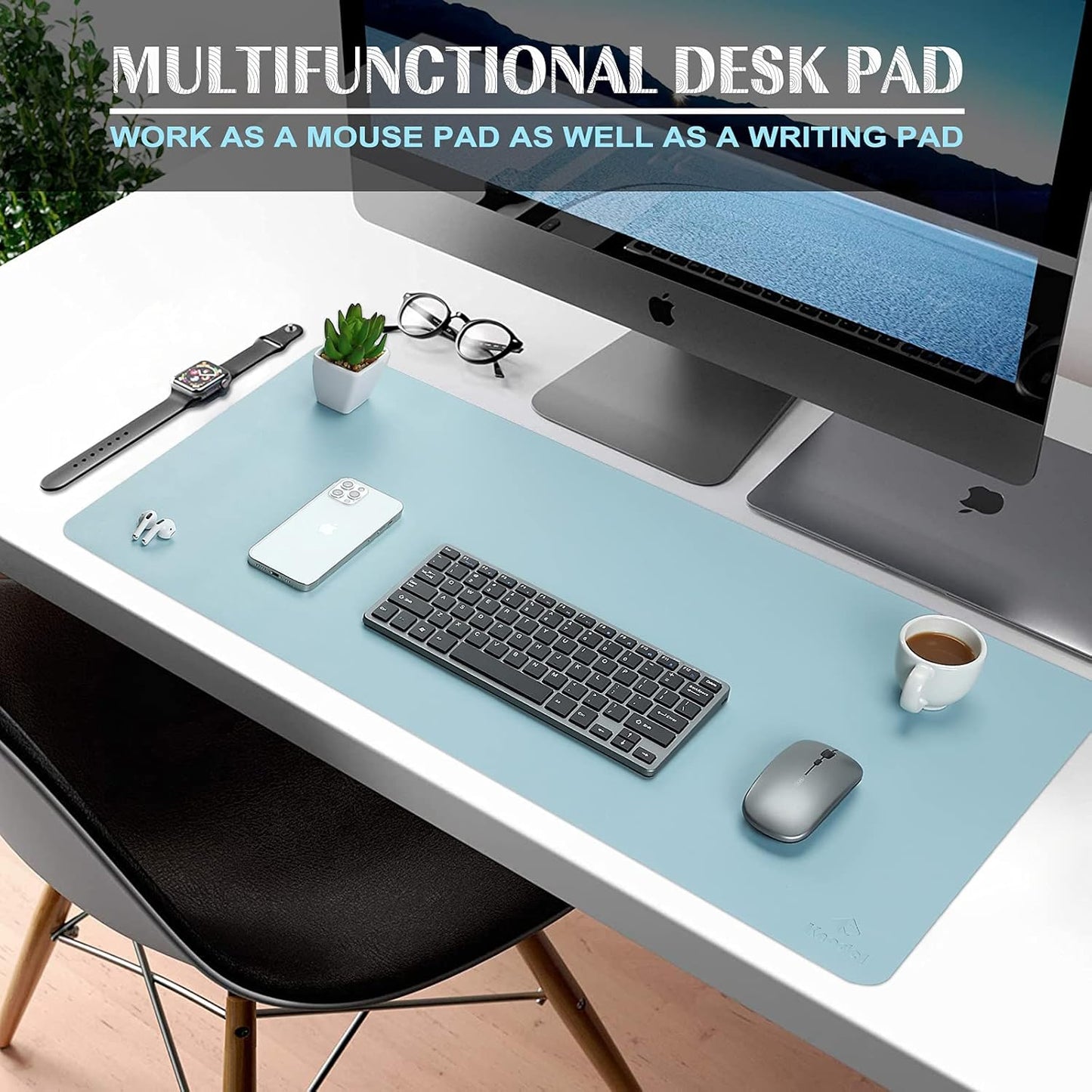Large Office Leather Desk Mat, Mouse and Keyboard Pad, Computer and Laptop Mat, Desktop Protector and Cover, Writing Pad and Blotter (31.5"X15.7", Light Blue)