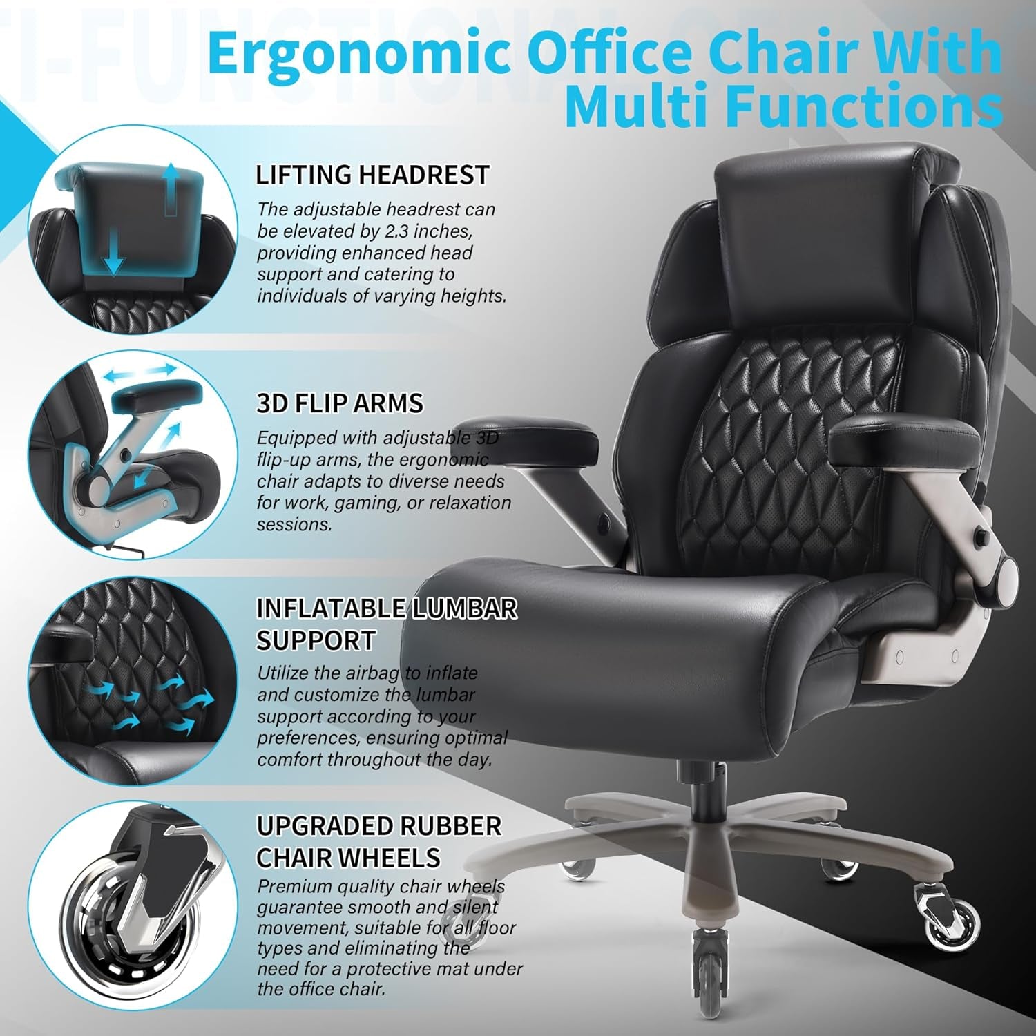 Big and Tall Office Chair 500Lbs - Adjustable Headrest&Lumbar Support, 3D Flip Arms, Large Wheels &Heavy Duty Metal Base, Ergonomic High Back Computer Chair Desk Chair, Thick Padded Extra Wide Seat
