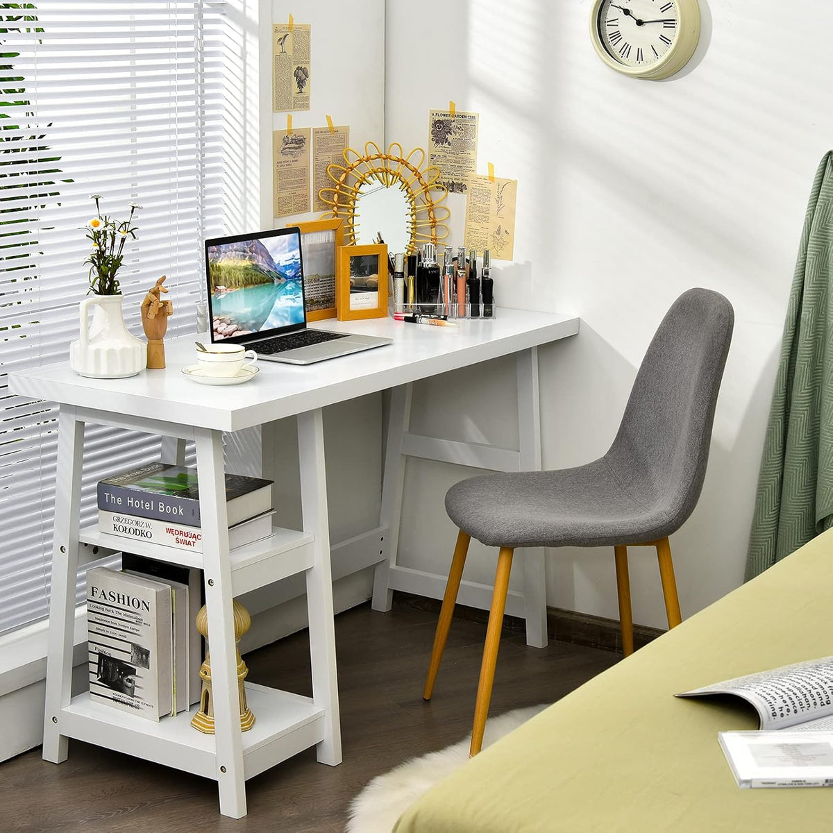 White Desk with Shelves, Modern Trestle Desk Home Office Desk with Storage Shelf, Space Saving Study Writing Desk, Desk for Bedroom