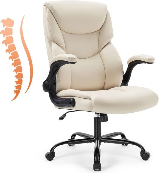 Computer Gaming Chair, Ergonomic High Back Heavy Duty Task Desk Office Chairs with Wheels, Flip-Up Arms, Adjustable Height, PU Leather, Cream