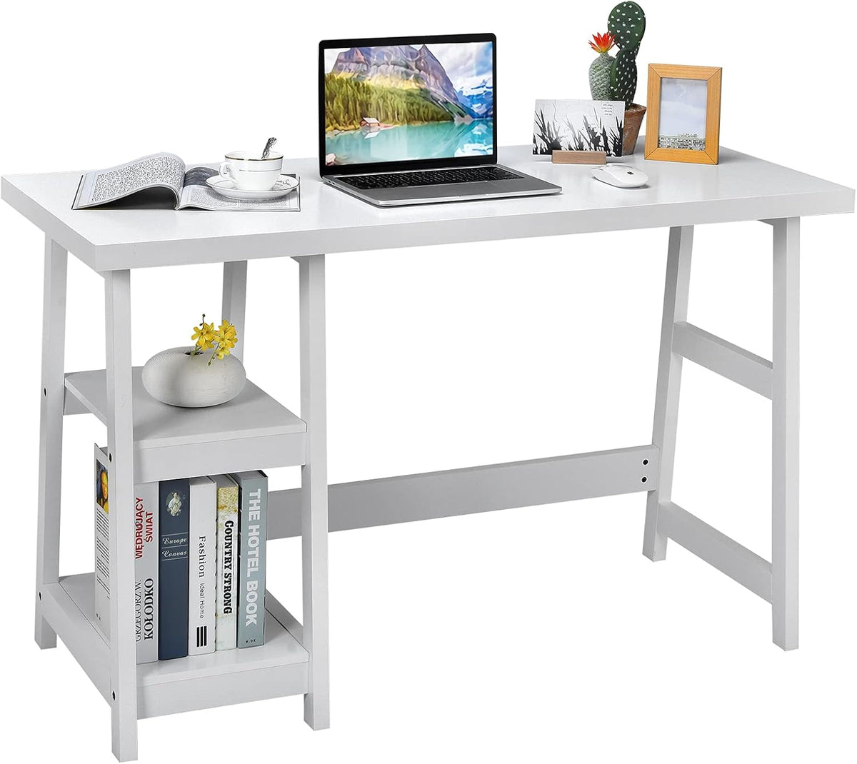 White Desk with Shelves, Modern Trestle Desk Home Office Desk with Storage Shelf, Space Saving Study Writing Desk, Desk for Bedroom