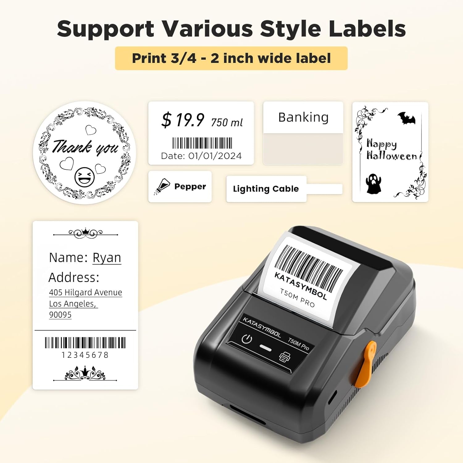 T50M Pro Bluetooth Label Maker Machine with Tape, Wide Waterproof Label, Versatile App with 40 Fonts and 450+ Icons, Inkless Labeler for Home, Kitchen, School, Office Organization, Black