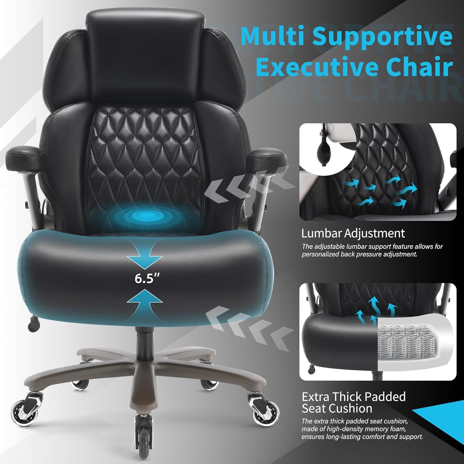 Big and Tall Office Chair 500Lbs - Adjustable Headrest&Lumbar Support, 3D Flip Arms, Large Wheels &Heavy Duty Metal Base, Ergonomic High Back Computer Chair Desk Chair, Thick Padded Extra Wide Seat