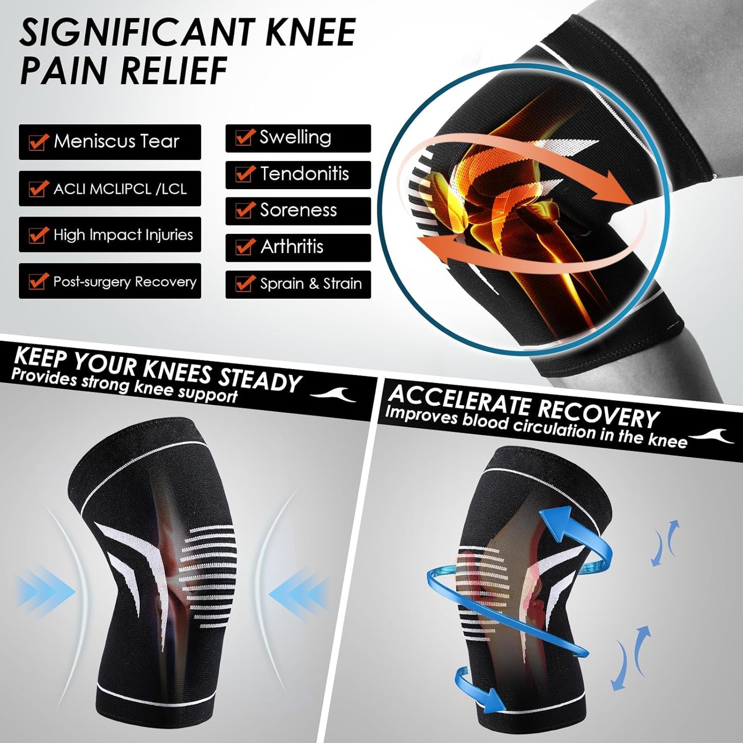 Knee Braces for Pain Relief, 2 Pack Thin Compression Sleeves for Meniscus Tears, Arthritis, ACL Support, Joint Recovery, Women Men, Teenagers Ideal for Workouts and Running