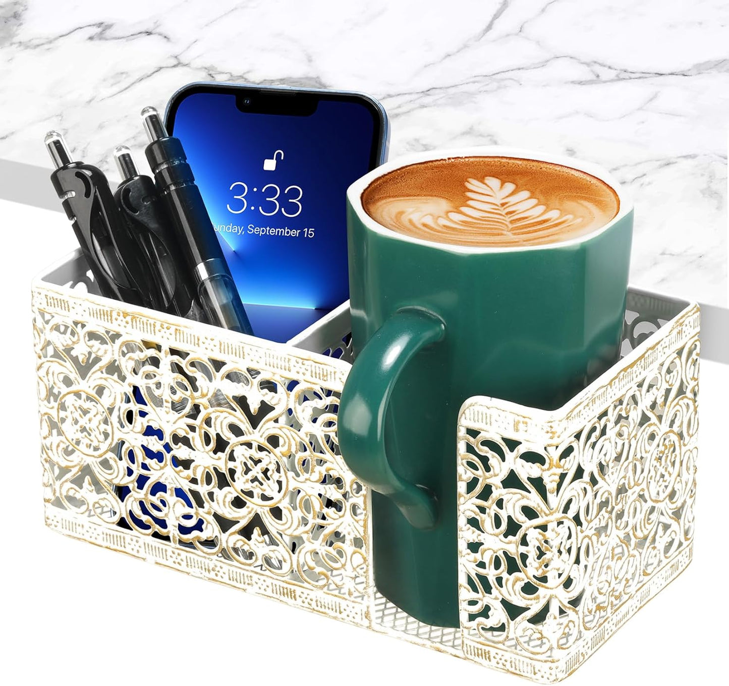 Desk Organizer with Clip, Cup, Pencil, Phone Holders & Beverage Storage for Office, School, Home