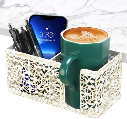 Desk Organizer with Clip, Cup, Pencil, Phone Holders & Beverage Storage for Office, School, Home
