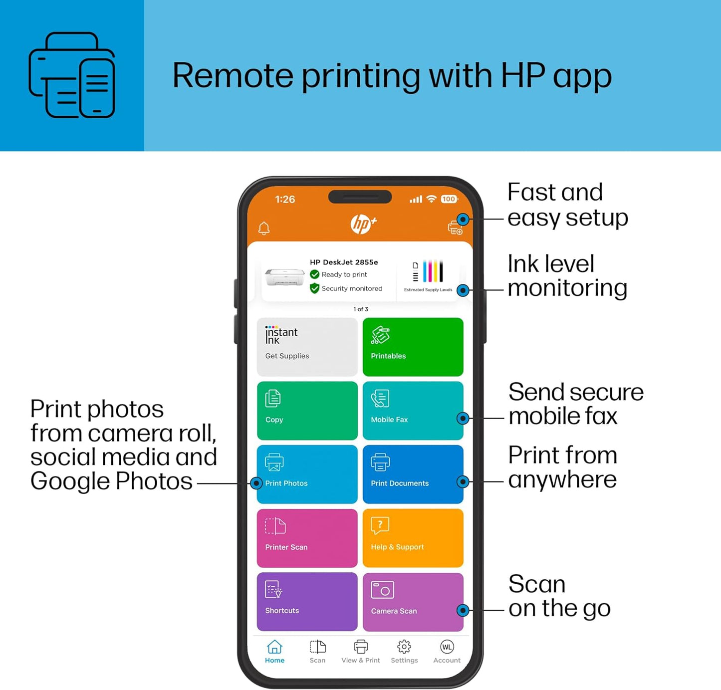 Deskjet 2855E Wireless All-In-One Color Inkjet Printer, Scanner, Copier, Best-For-Home, 3 Months of Instant Ink Included (588S5A)