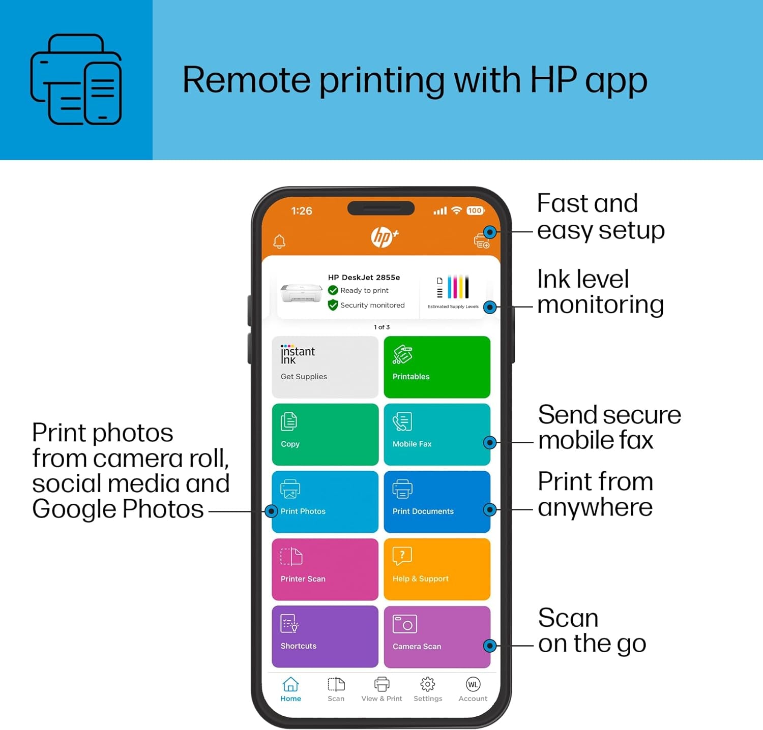 Deskjet 2855E Wireless All-In-One Color Inkjet Printer, Scanner, Copier, Best-For-Home, 3 Months of Instant Ink Included (588S5A)